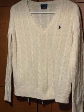 Ralph Lauren Woman Sz M  V-Neck White & BLue Pony Cable Wool Cashmere Sweater
